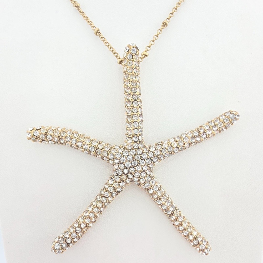 Vtg JOAN BOYCE 'Crystal Starfish' Necklace Pave SWAROVSKI Gold Plate Long 40"